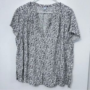 Old Navy White and Navy Floral Button Down Collarless Short Sleeve